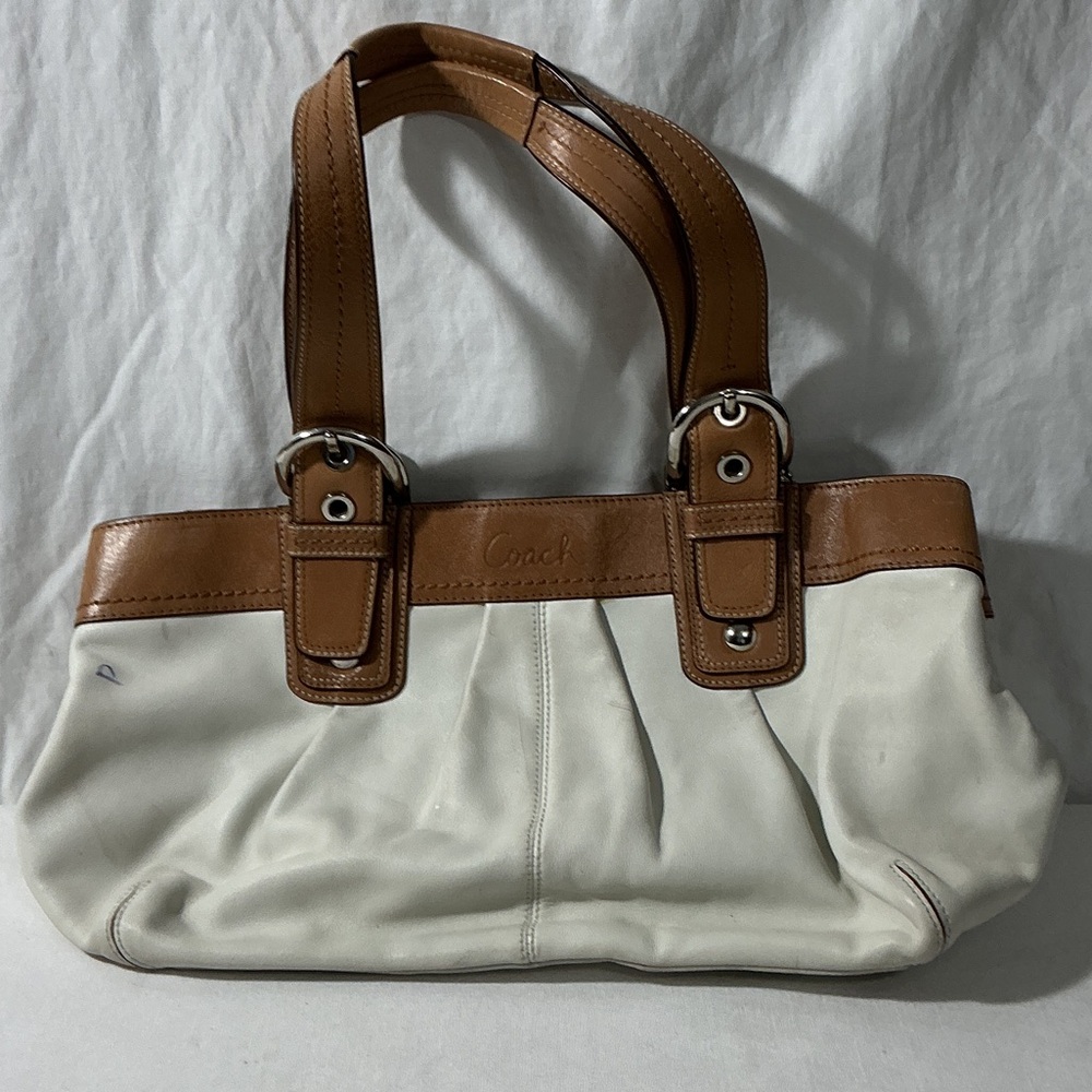 Coach Two-Tone Leather Shoulder Bag in White and Brown Trim
